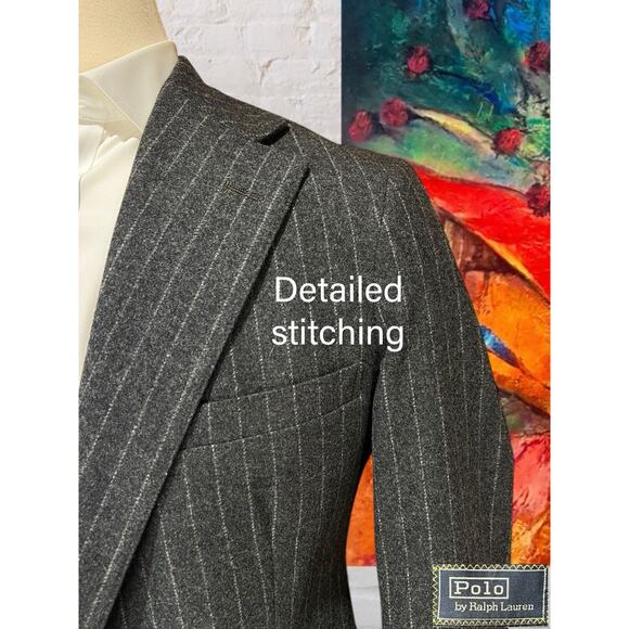 Vintage Polo Ralph Lauren 40R Gray Stripe Wide Lapel Flannel Blazer Sport Jacket - Picture 3 of 15